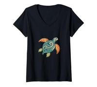 Femme Protégez nos océans Tortue Fractal Nature T-Shirt avec Col en V