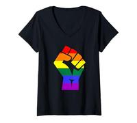 Femme Proud Raised Fist in Rainbow Colors Lesbian Gay Rights T-Shirt avec Col en V
