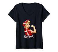 Femme Proud Strong Danish Girl Woman Girlfriend Denmark Flag T-Shirt avec Col en V