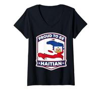 Femme Proud to Be Carte Haïtienne Drapeau Haïti Jour Célébration Fierté T-Shirt avec Col en V