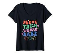 Femme Prove Them Wrong Babe Texte rétro ondulé Groovy T-Shirt avec Col en V