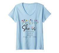 Femme Proverbs 31 She is Strong Fierce Brave Full Fire Christian T-Shirt avec Col en V