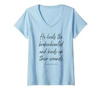 Femme Psaume 147:3 : He Heals The Brokenhearted Bible Verse Écriture T-Shirt avec Col en V