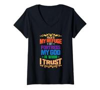 Femme Psaume 91 Mon Refuge Ma Forteresse T-Shirt avec Col en V