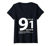 Femme Psaume 91 Sept versets bibliques Inspirants chrétiens T-Shirt avec Col en V