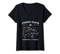 Femme Puerto Plata Drapeau République Dominicaine Carte de Voyage Coordonnées T-Shirt avec Col en V