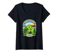 Femme Puerto Vallarta Mexico Mère Mignonne et bébé Tortue de mer Badge T-Shirt avec Col en V