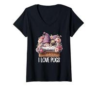 Femme Pug Dad Gnome Floral Graphic For Garden Lover I Love Pugs T-Shirt avec Col en V