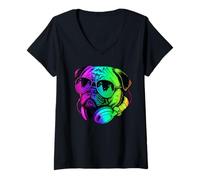 Femme Pug DJ Casque audio rétro pour amoureux des chiens T-Shirt avec Col en V