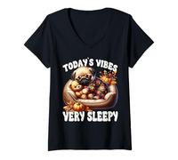 Femme Pug Fall Graphic for Pug Mom Autumn Sleep Dog for Pug Lovers T-Shirt avec Col en V