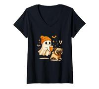 Femme Pug Halloween Ghost Walking Pug Dog T-Shirt avec Col en V