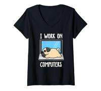Femme Pug I Work on Computer Dog Sleep Puppy Lovers T-Shirt avec Col en V