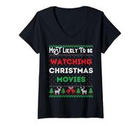 Femme Pull de Noël Amusant avec Inscription « Most Likely to Be Watching Christmas Movies » T-Shirt avec Col en V