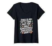 Femme Pull de Noël avec Inscription « This is My It's Too Hot for Ugly » T-Shirt avec Col en V