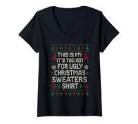 Femme Pull de Noël avec Inscription « This is My It's Too Hot for Ugly » T-Shirt avec Col en V