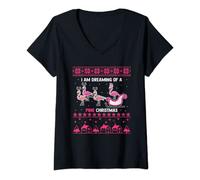 Femme Pull de Noël « I Am Dreaming Of Pink » T-Shirt avec Col en V