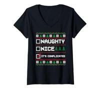 Femme Pull de Noël Laid Naughty Nice It's Complicated Pixel T-Shirt avec Col en V