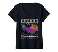 Femme Pull de Noël Moche Aubergine et pêche drôle T-Shirt avec Col en V