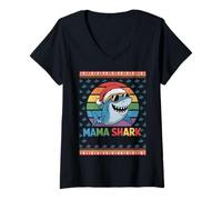 Femme Pull de Noël Moche avec Bonnet de Père Noël Mama Shark T-Shirt avec Col en V