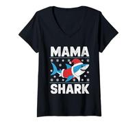 Femme Pull de Noël Moche avec Bonnet de Père Noël Mama Shark T-Shirt avec Col en V