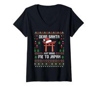 Femme Pull de Noël Moche « Dear Santa Bring Me to Japan » T-Shirt avec Col en V