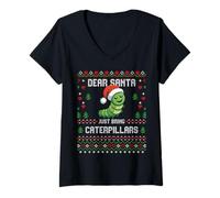 Femme Pull de Noël Moche Motif Chenille et Insecte Dear Santa Christmas T-Shirt avec Col en V