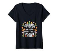 Femme Pull de Noël « This Is My Too Hot Ugly Christmas » T-Shirt avec Col en V