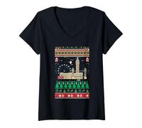 Femme Pull Ugly de Noël à Londres, Big-Ben Holiday Travel UK T-Shirt avec Col en V
