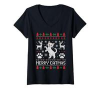Femme Pulls de Noël Merry Catmas Funny Cat Ugly T-Shirt avec Col en V