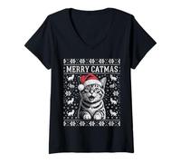 Femme Pulls de Noël Merry Catmas Funny Cat Ugly T-Shirt avec Col en V