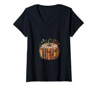 Femme Pumpkin Made of Books Lecteur de la Saison de Lecture d'automne T-Shirt avec Col en V