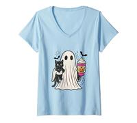 Femme Pumpkin Spice Latte Ghost Holding Black Cat Halloween T-Shirt avec Col en V