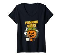 Femme Pumpkin Vibes Funny Pixel Art Jack O'Lantern Halloween T-Shirt avec Col en V