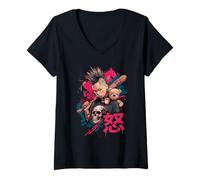 Femme Punk Girl avec colère Kanji et Batte de Baseball T-Shirt avec Col en V