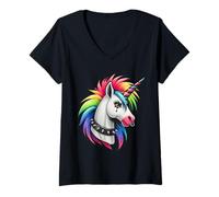Femme Punk Rock Rainbow Unicorn Emo Alternative Gothique, Animal T-Shirt avec Col en V