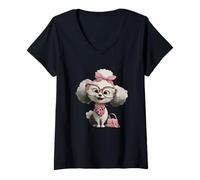 Femme Puppy Kawaii Lunettes Léopard Rose Portrait Graphique Pet T-Shirt avec Col en V