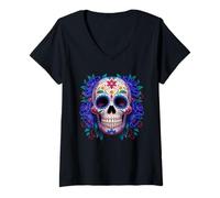 Femme Purple Floral Black Sugar Skull Day of The Dead Mexican Art T-Shirt avec Col en V