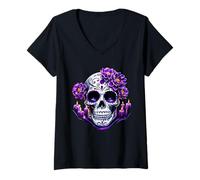Femme Purple Floral Black Sugar Skull Day of The Dead Mexican Pray T-Shirt avec Col en V