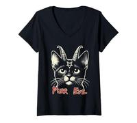 Femme Purr Evil Cat Lucipurr Satanic Baphomet Symbole Occulte Chat T-Shirt avec Col en V