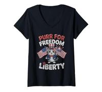 Femme Purr For Freedom Chaton tenant des drapeaux américains étincelants T-Shirt avec Col en V