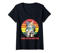 Femme Purr-Oud Big Brother Chat Chaton Rétro Coucher de Soleil Feline Lover T-Shirt avec Col en V