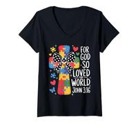 Femme Puzzle de Sensibilisation à l'Autisme Croix Jean 3:16 Verse biblique T-Shirt avec Col en V