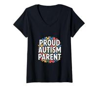 Femme Puzzle de Sensibilisation Cardiaque à Un Parent autiste Fier T-Shirt avec Col en V