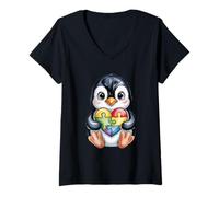 Femme Puzzle Mignon Pingouin en Forme de cœur pour Sensibilisation à l'Autisme T-Shirt avec Col en V