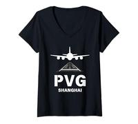 Femme PVG Airport Shanghai, China Airplane atterrissage sur Piste T-Shirt avec Col en V