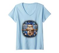 Femme Pyjama Amusant Hanoukka Paresseux juif Hanoukka T-Shirt avec Col en V