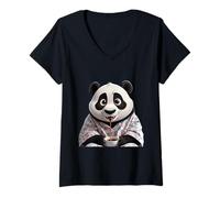 Femme Pyjama Confortable Panda Coffee Time T-Shirt avec Col en V