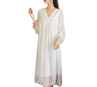 Femme Pyjama de Couleur unie Douce Princesse Victorienne Palais col en V Patch brodé en dentelle Longue Manche Chemise de nuit Transparente Robe De Sommeil Lounge Nuisette Chemises de Nuit blanche M