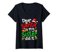 Femme Pyjama de Noël amusant avec inscription « Dear Santa My Sister Did It » T-Shirt avec Col en V