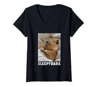 Femme Pyjama de Sommeil Capybara Mignon avec Mot drôle Sleebybara T-Shirt avec Col en V